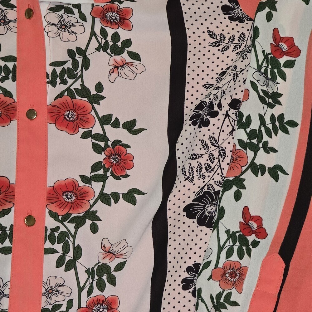 Liz Claiborne Career Floral Button Blouse Women’s Medium Long Sleeve Coral Black - Picture 3 of 10